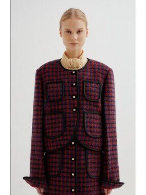EENK Twice Check Paneled Short Jacket Red Multicolor Tweed Small